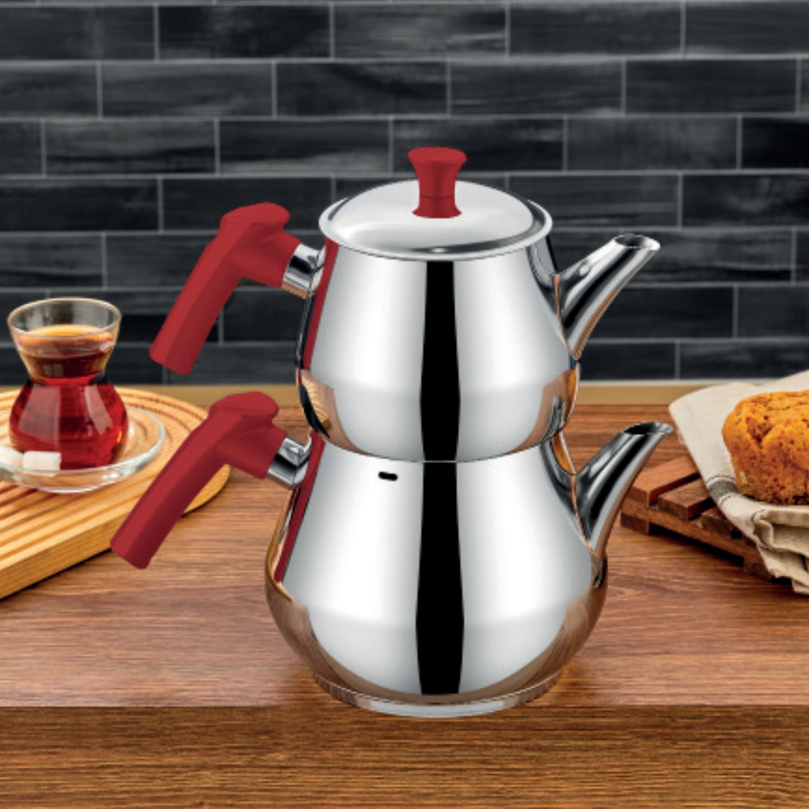 Polochef Dolphin Çelik Çaydanlık Seti Megaboy Kırmızı Sap Dok-102