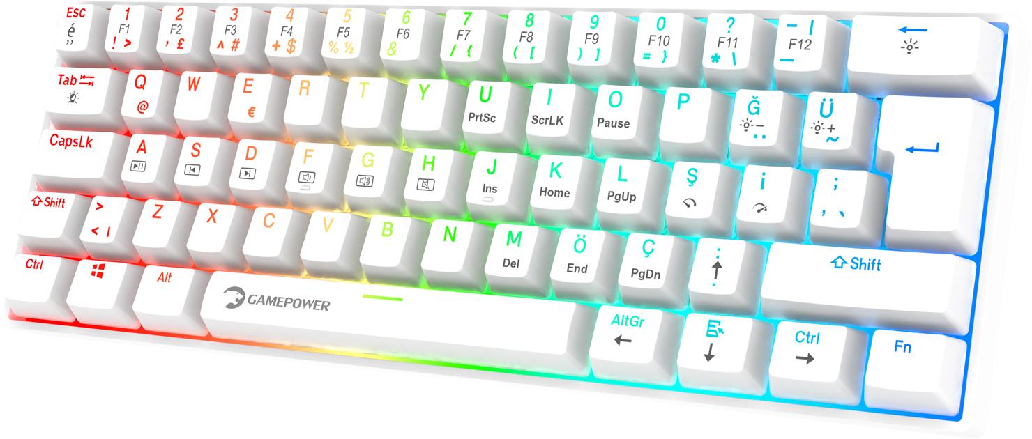 GamePower Lyra RGB 60M 62 Tuş Mekanik Kablolu Blue Switch Klavye, Beyaz