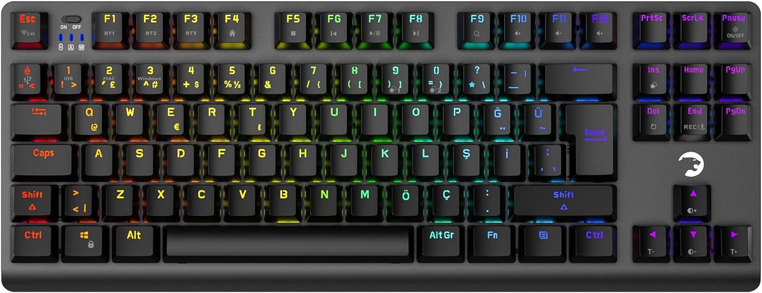 GamePower Eva 7 60M Mekanik Kablolu, 2.4Ghz, Bluetooth 3 Mod Blue Switch 88 Tuş USB RGB Gaming Klavy
