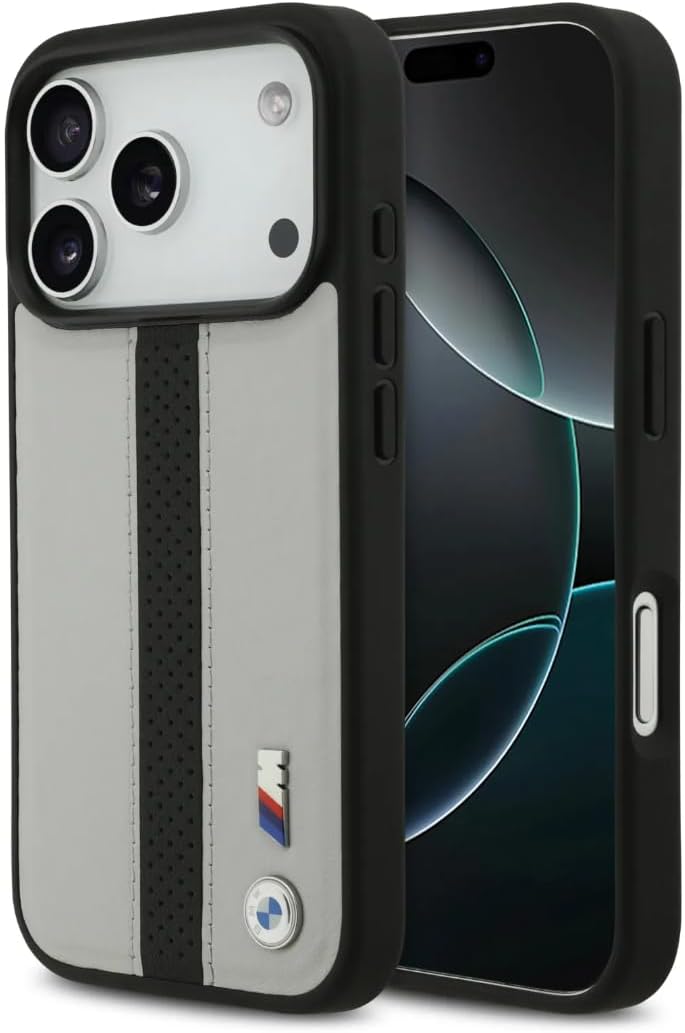 Bmw Pu Deri Kılıf (delikli Şeritli Ve Metal Logolu) iPhone 17 Pro Max - Gri/siyah Bmohmp17x25pcpsgk