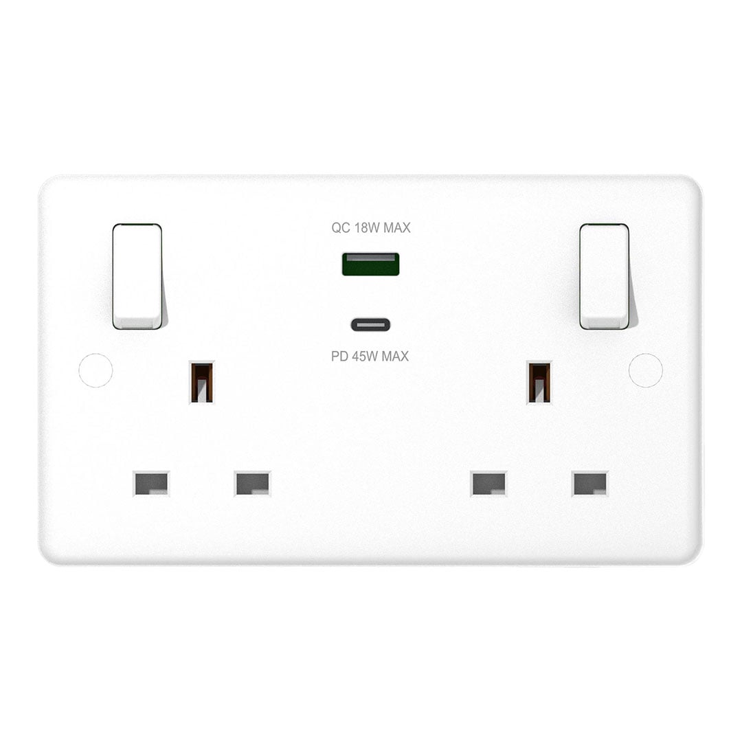 Powerlink Accessories 13A Tek Kutuplu 2'li Anahtarlı Priz USB-C 45W PD Hızlı Şarj + USB-A 18W QC Beyaz
