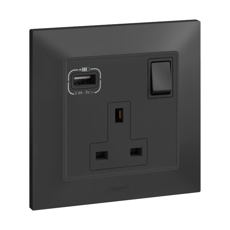Belanko Antrasit Priz 13A 1 Gang & Usb Tip A
