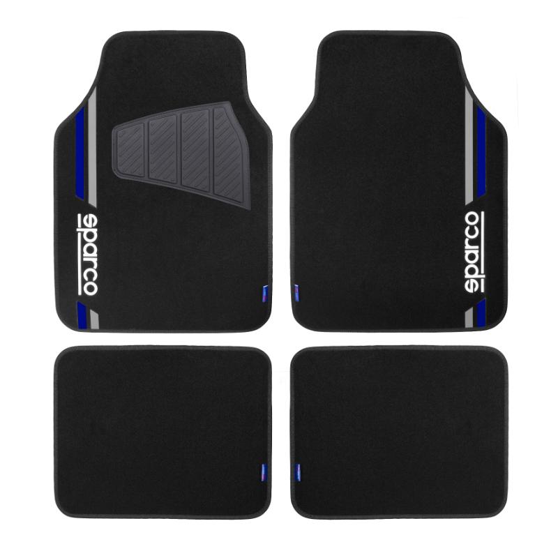 Sparco Araba Paspası Pvc ve Halı 4'lü Set - Mavi Şeritli Siyah