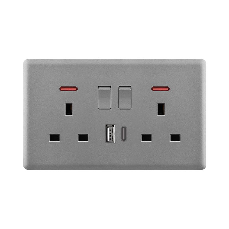 Powerlink Accessories 13A Dp Bs 2'li Soket Neon + USB A + Type C 5V 2100Ma Koyu Gri Mat