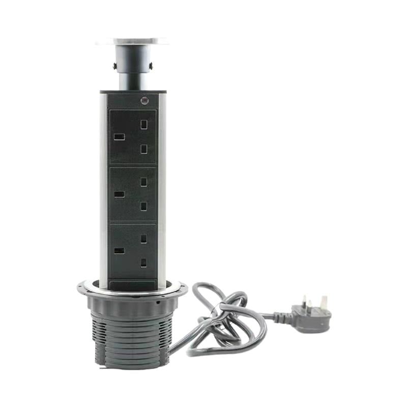 Powerlink 3'lü Pop Up Mutfak Priz UK Soketleri Gümüş Alüminyum Kapaklı Kesim Çapı: Ø80Mm