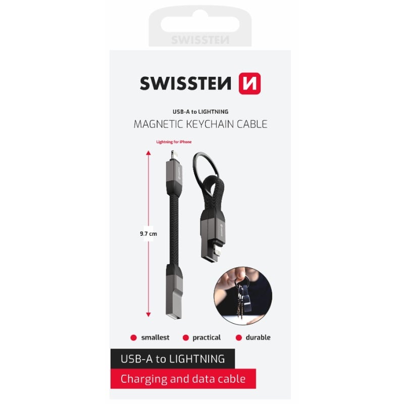Swissten Manyetik Anahtarlık Kablosu USB-A'dan Lightning'e - Siyah