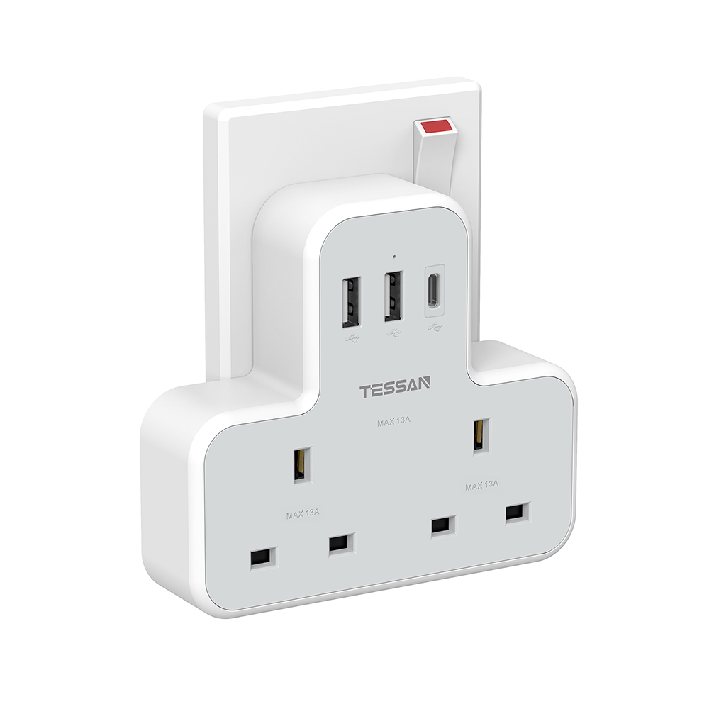 Adaptor UK 2 Yönlü Çift USB Priz TESSAN TS-221-C beyaz/gri