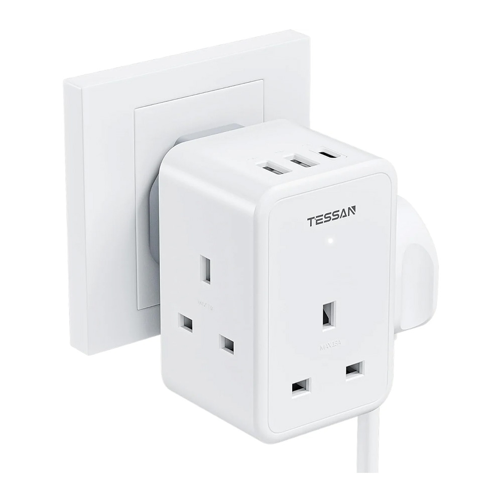TESSAN USB TS-227-PD Beyaz Adaptör UK 3 Yollu Küp Fiş