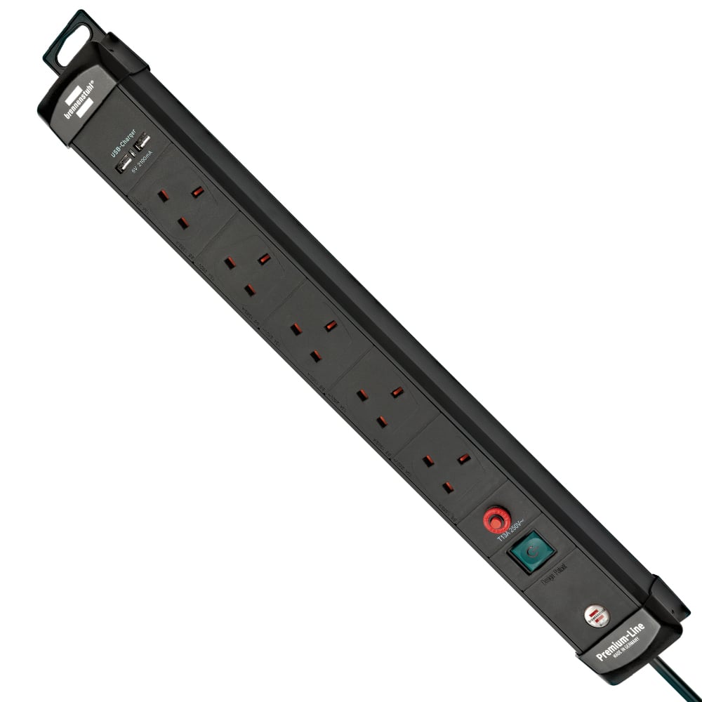 BRENNENSTUHL Premium Line FB 1951153600 Siyah UK 5'li Priz + 2x USB-A 3m 1 Anahtarlı Uzatma Kablosu