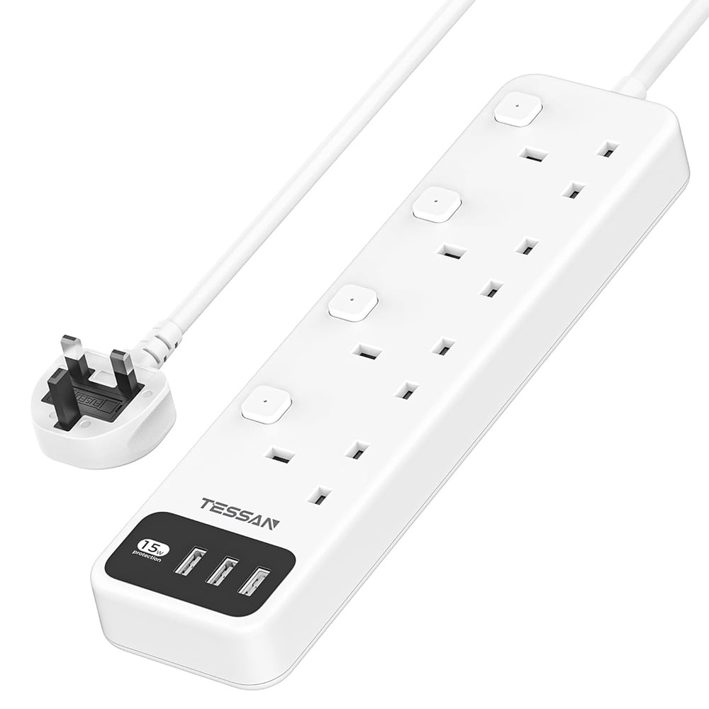 TESSAN TS-B204 Beyaz UK 4'lü Priz + 3x USB 2m 4 Anahtarlı Uzatma Kablosu