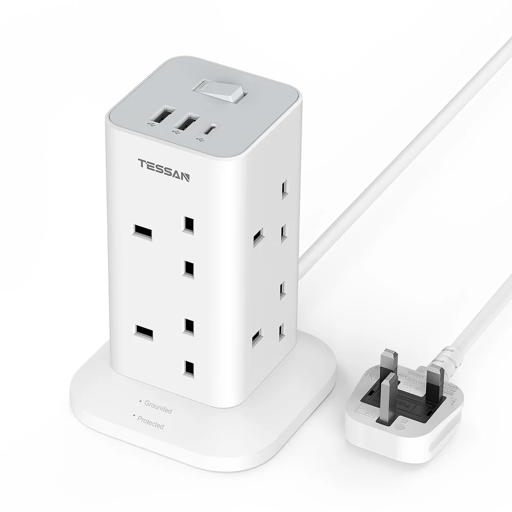 TESSAN Tower TPS03-UK-C Beyaz UK 8'li Priz + 1x USB-C + 2x USB-A 2m 1 Anahtarlı Uzatma Kablosu