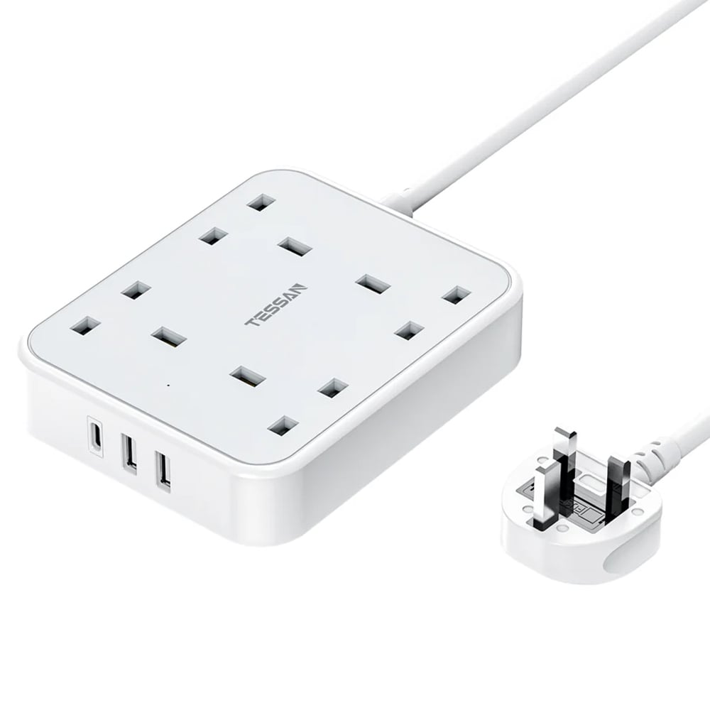 TESSAN TS-202-C Beyaz UK 4'lü Priz + 1x USB-C + 2x USB-A 2m 1 Anahtarlı Uzatma Kablosu