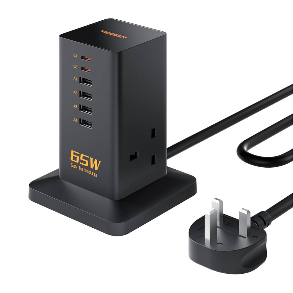TESSAN GaN Tower TS-FS02UK00 Siyah 2m UK 2'li Priz + 6x USB Uzatma Kablosu