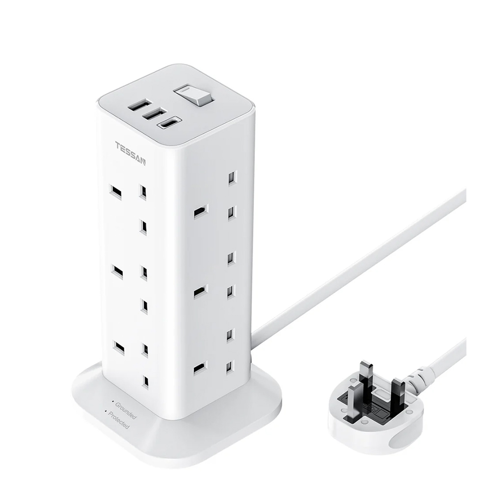 TESSAN Tower TPS04-UK-C Siyah 12'li UK Uzatma Kablosu + 3x USB 2m 1 Anahtar