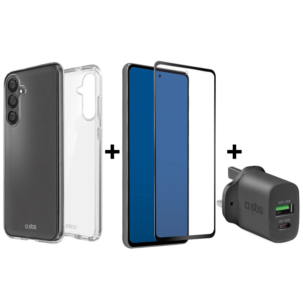 Samsung Galaxy A55 Arka Kapak Kılıf + Ekran Koruyucu + 2 Yönlü 3 Pin UK Şarj Cihazı SBS TEKITSAA55 Şeffaf