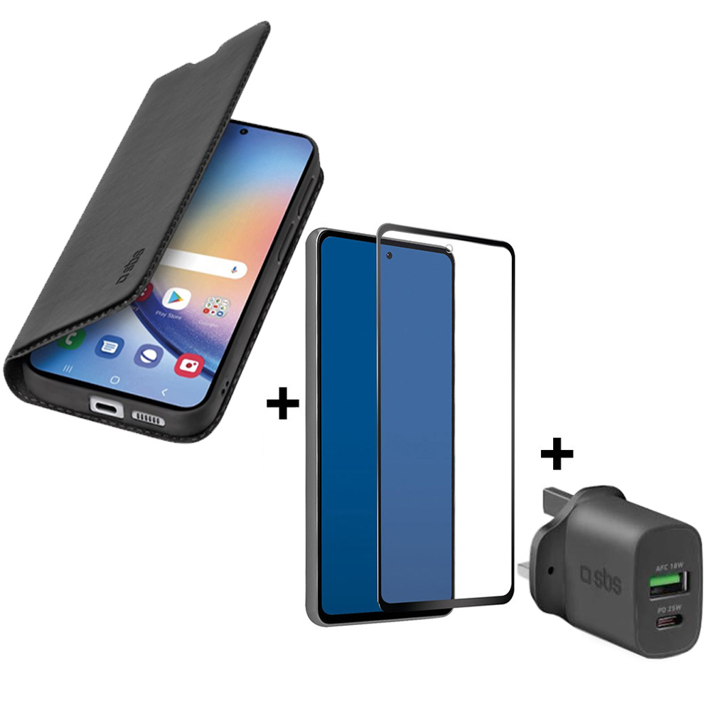 Kitap Kapağı Kılıf Samsung Galaxy A35 + Ekran Koruyucu + Şarj Cihazı 2 yönlü 3 Pin UK SBS TEKITBOOKSAA35 siyah