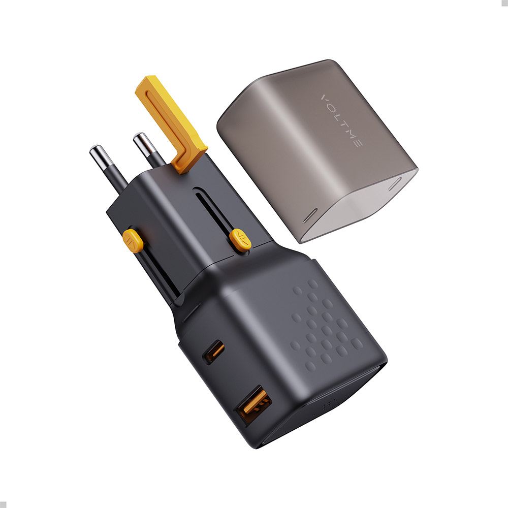 Wall Şarj Adaptörü USB-A/USB-C 2 yönlü 35W (PD) GaN VOLTME Vito Go EzTravel F4025 UK/EU/US/AU siyah