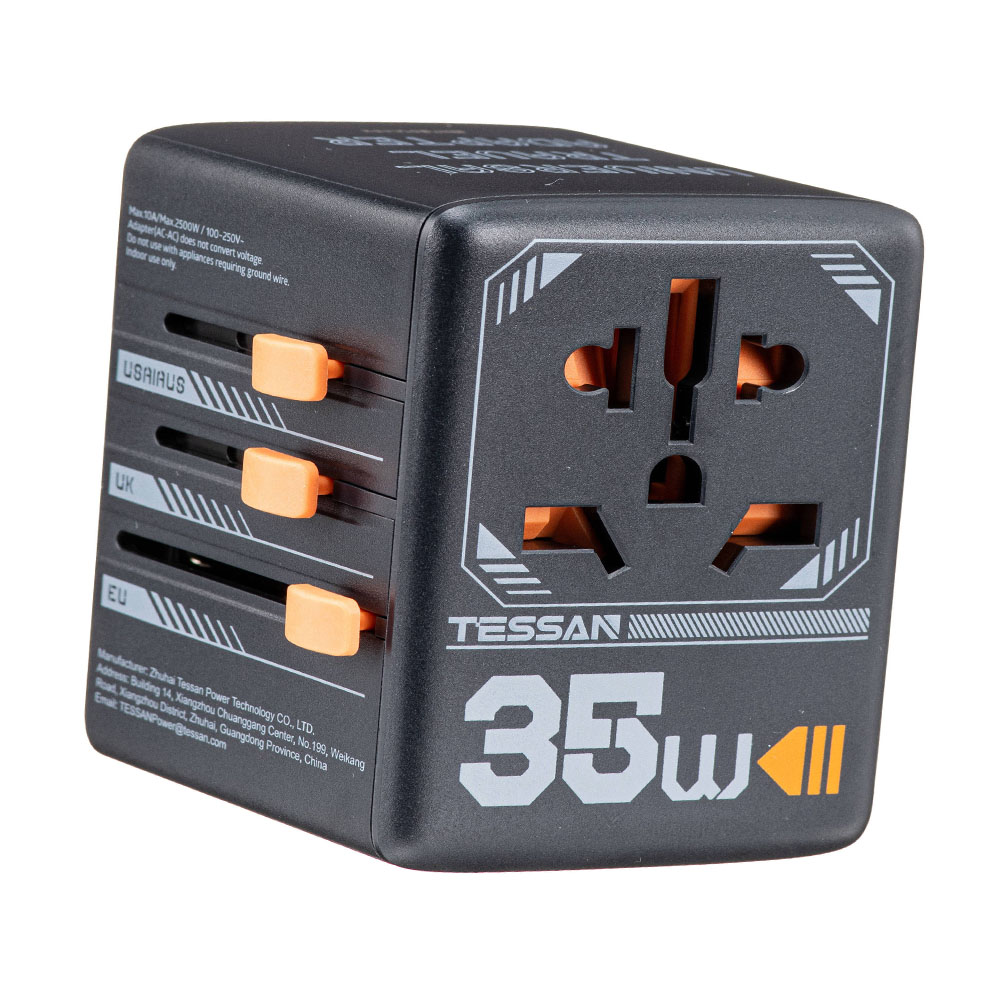 TESSAN TS-WTA-02 Siyah 35W 5 Yönlü Evrensel Seyahat Şarj Adaptörü 2x USB-A/3x USB-C UK/GR/US/AU