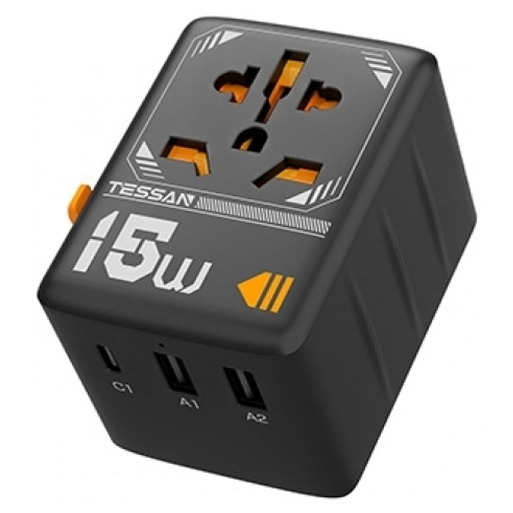 TESSAN TS-WTA-01 Siyah 3 Yönlü 15W Evrensel Seyahat Duvar Şarj Cihazı 2x USB-A/USB-C