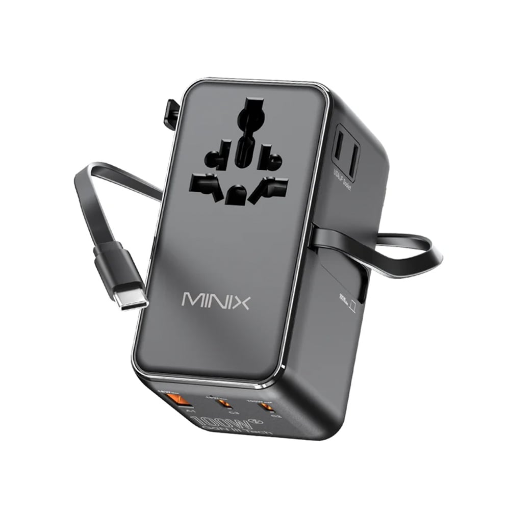 MINIX TP100C Siyah 3 Yollu 100W (PD) GaN Seyahat Duvar Şarj Adaptörü 2x USB-C/1x USB-A/1x AC USB-C kablo ile UK/EU/US/AU