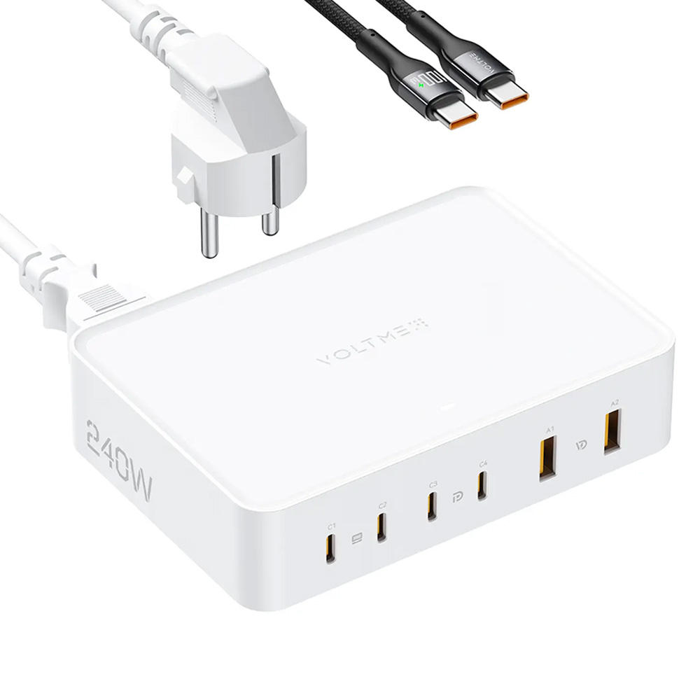 Wall Şarj Cihazı 2x USB-A/4x USB-C 6 çıkış 240W (PD) GaN VOLTME Revo 240 V2253 UK Beyaz