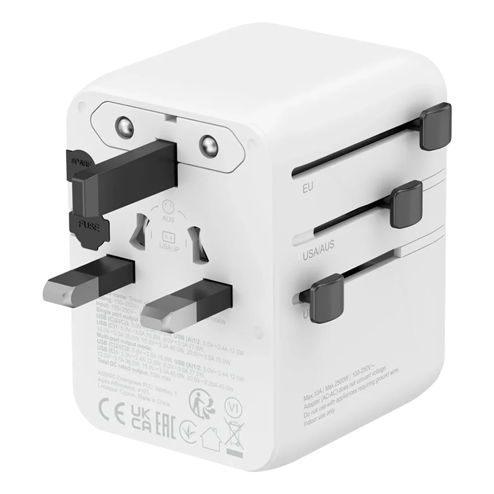 Wall Şarj Cihazı Seyahat Adaptörü 2x USB-A/3x USB-C 5 Yön 70W (PD) GaN CANYON OnTour 70 UK/EU/US/AUS CNS-TA70W1006W Beyaz
