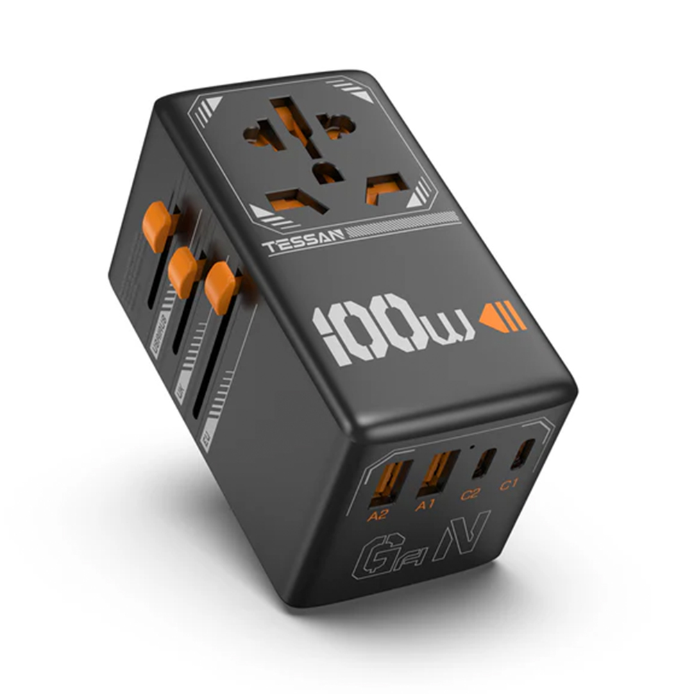 TESSAN TS-WTA-04 Seyahat Duvar Şarj Adaptörü 2x USB-A/2x USB-C 4-lü GaN 100W (PD) Siyah UK/GR/US/AU