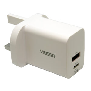 Wall Charger USB-A/USB-C 30W (PD) 2 yönlü VEGER VLS302U-UK (UK) beyaz