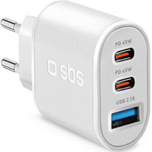Wall Şarj Cihazı USB-A/2x USB-C 45W (PD) 3 Yön SBS TETR1USB2CPD45W Beyaz