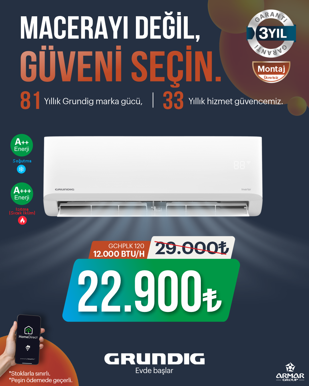 GCHPLK 120 - Grundig 12000 BTU Inverter A+++ / A++ Wi-Fi Beyaz Split Klima