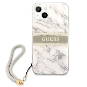 iPhone 13 için GUESS Mermer Desenli Arka Kapak Kılıfı, Askılı GUHCP13MKMABGR Gri/Beyaz