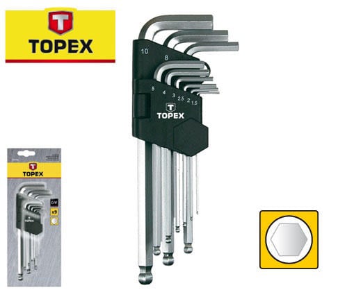 Topex 9'lu Allen Anahtar Uzun Topbaşlı CrV 1.5-10Mm