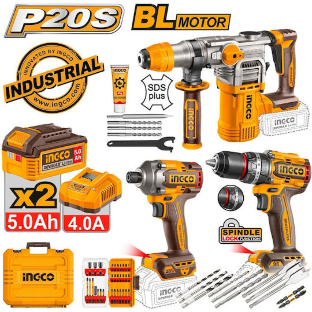 Ingco Cosli250693E Fırçasız Matkap, Darbeli Vidalama & Çekiç Seti 20V 2×5Ah Akü ve Çanta ile - Sarı/Siyah
