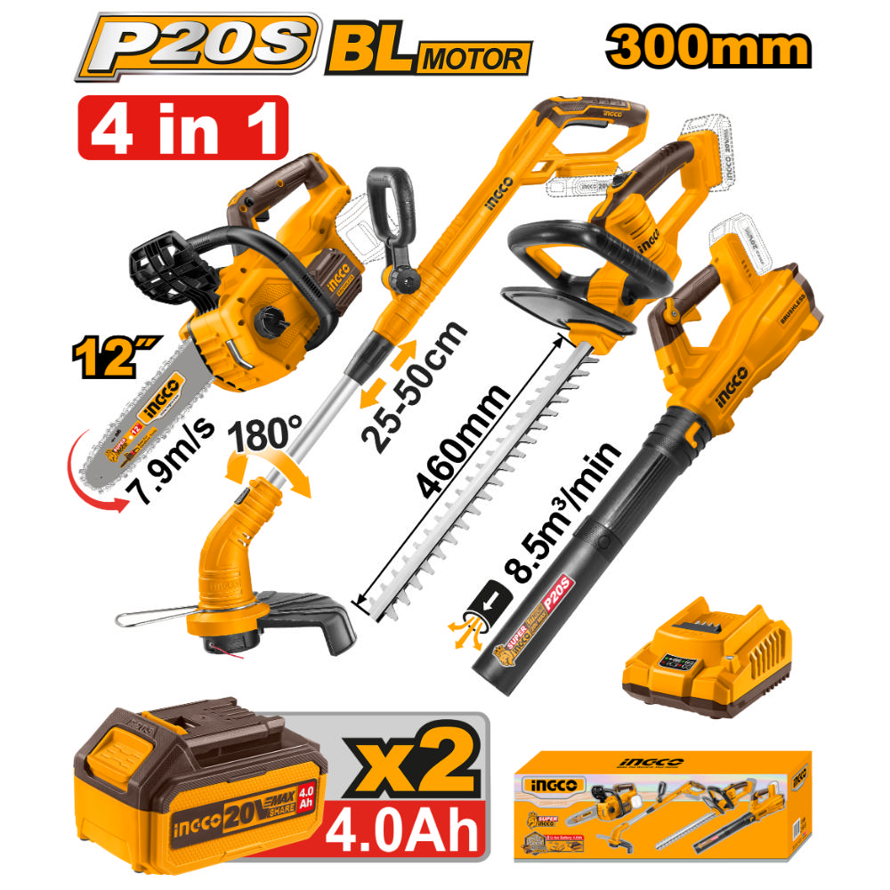 Ingco Cosli250496E Fırçasız Bahçe Alet Seti Zincirli Testere, Çit Budama Makinesi, Yaprak Üfleyici & Çim Biçme Makinesi 20V Pilli - Sarı/Siyah