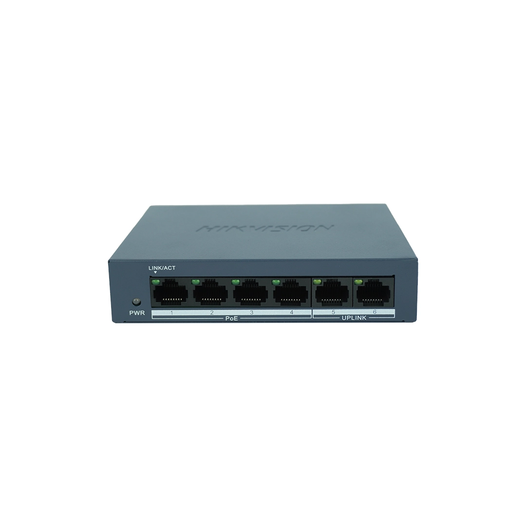 Hikvision DS-3E0106MP-E/M 4 Port Fast Ethernet Unmanaged PoE Switch, 2 Uplink Port, 45W PoE Gücü