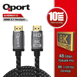 Kablo Qport Hdmi2110 10M Hdmi Altın Uçlu Örgülü Kablo