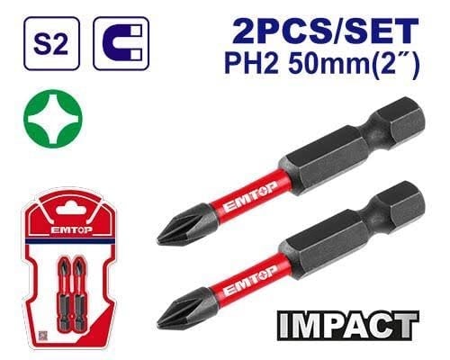 Emtop Darbeli Vidalama Bits Ucu Ph2 - 50 Mm (pk 2 Ad)
