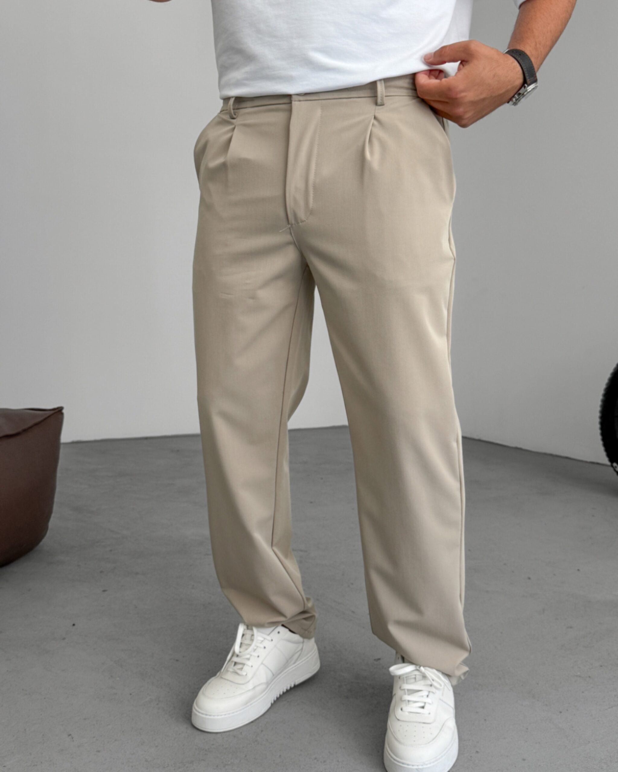 Baggy Fit Pileli Taş Renk Pantolon
