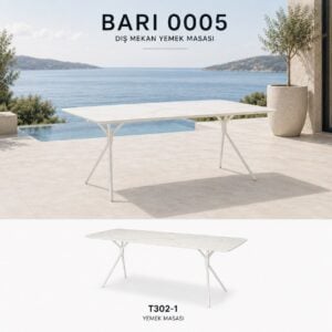 Bari Yemek Masası 240x100x75 cm, Beyaz Sinter Taşlı Alüminyum