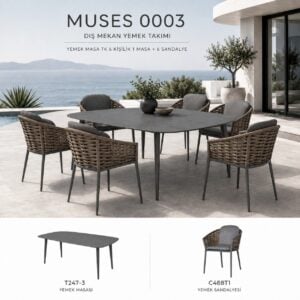 Muses 6 Kişilik Yemek Takımı: 180 cm Masa ve 6 Sandalye, Antrasit Alüminyum