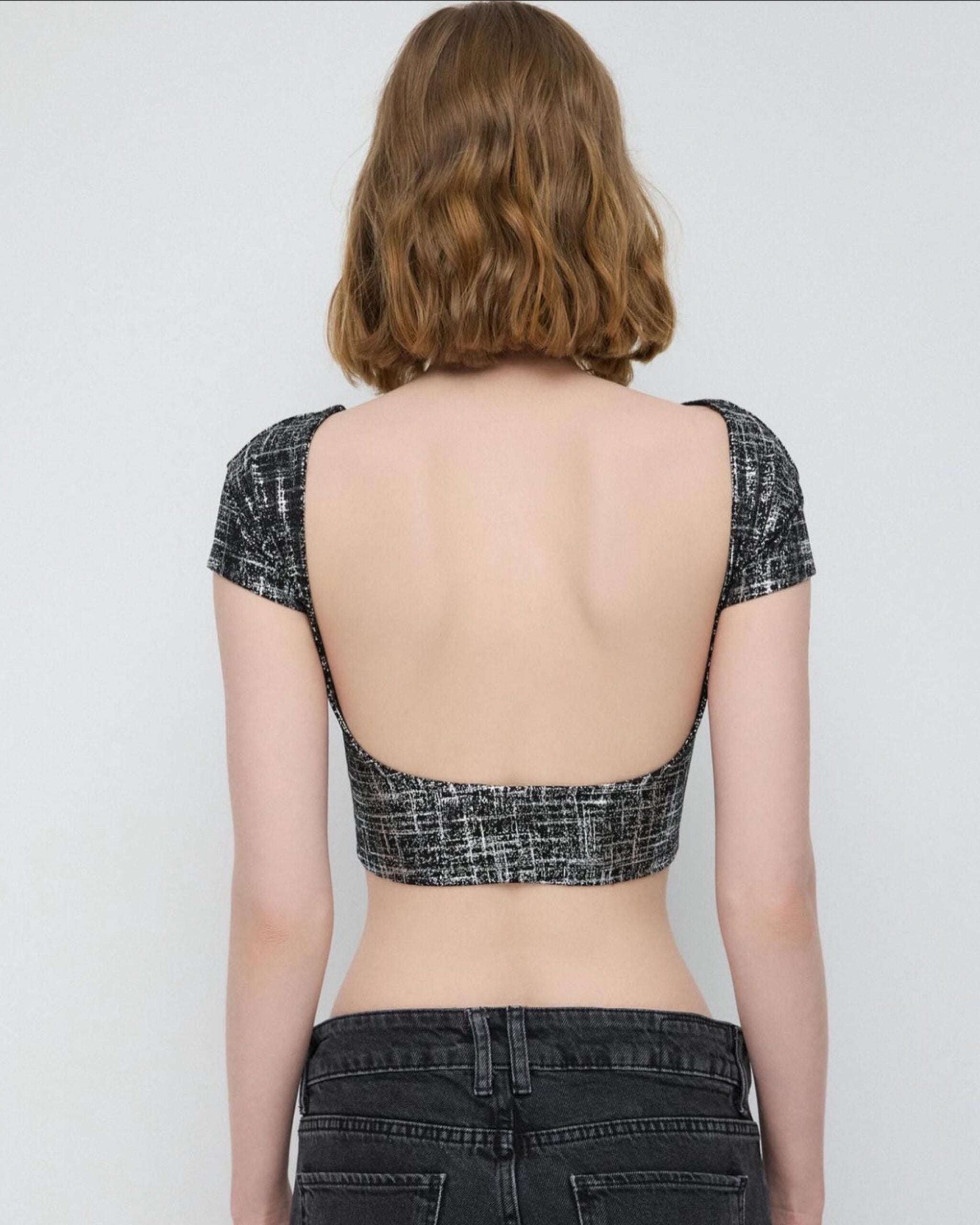 Shiny Silver Black Sirt Dekolteli Crop