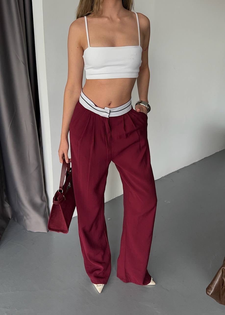 Baggy Fit Biyeli Bordo Kumaş Pantolon