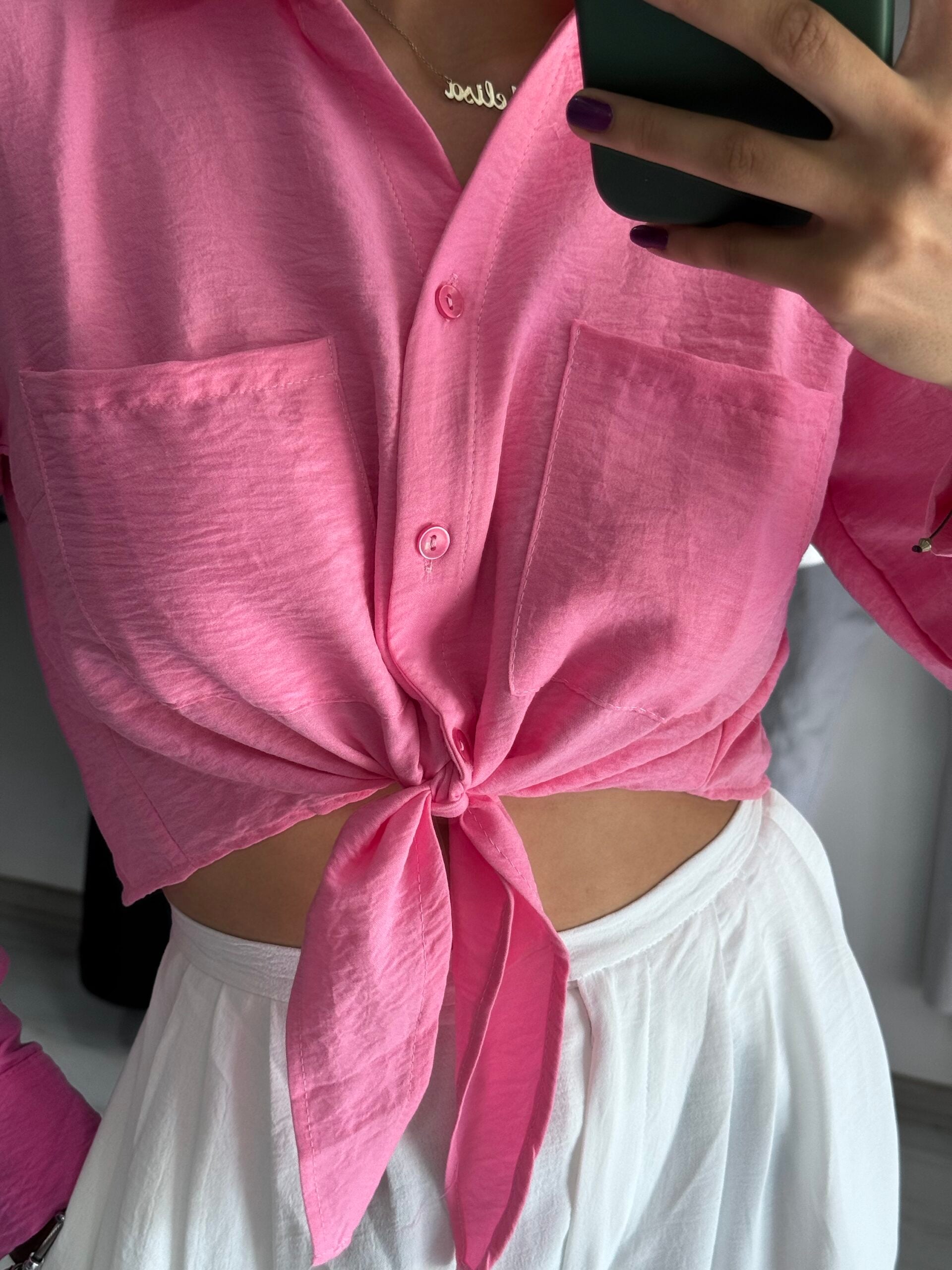 Bağlamali Pembe Crop Gömlek