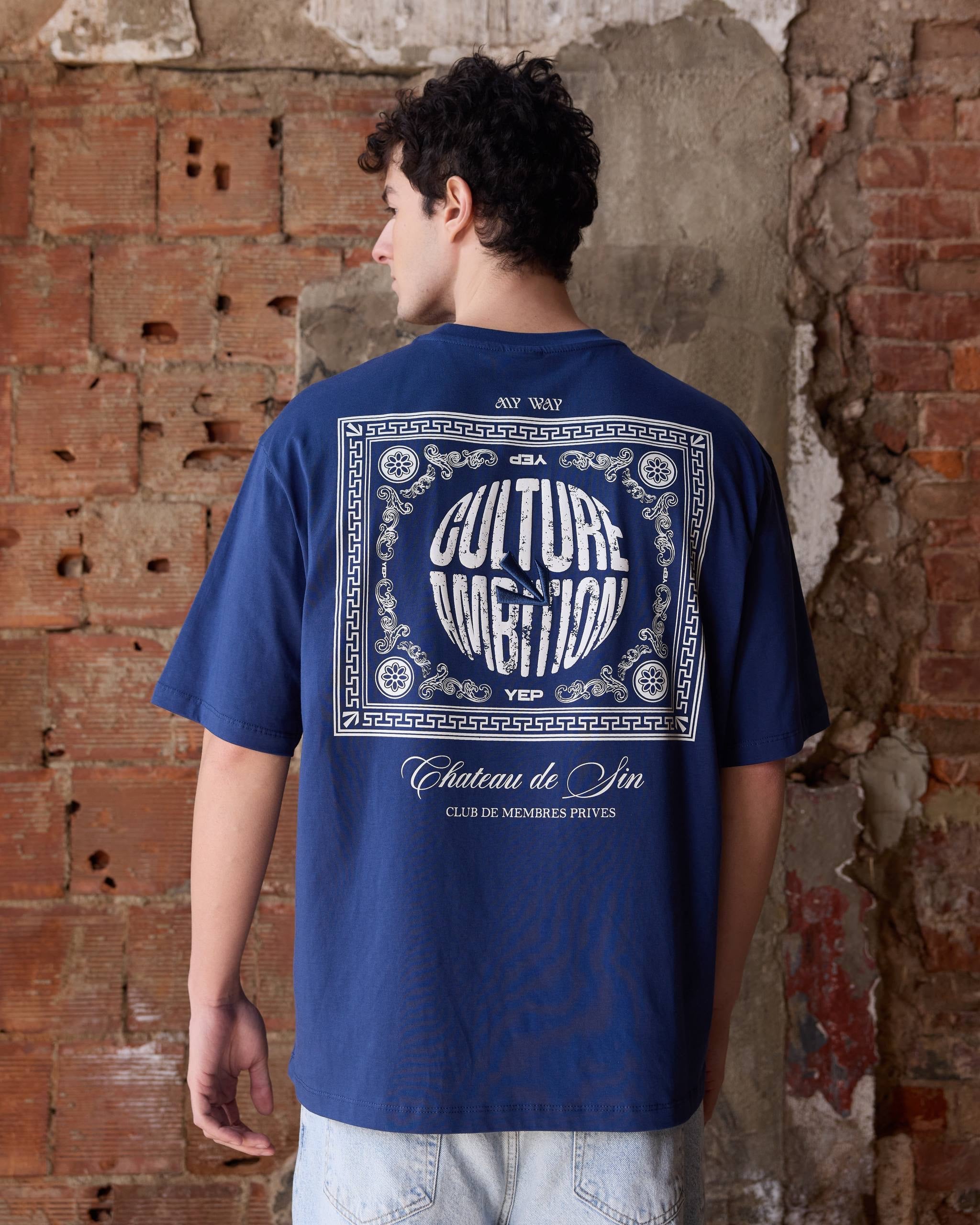 Culture Baski & Nakişli Indigo Renk Tshirt