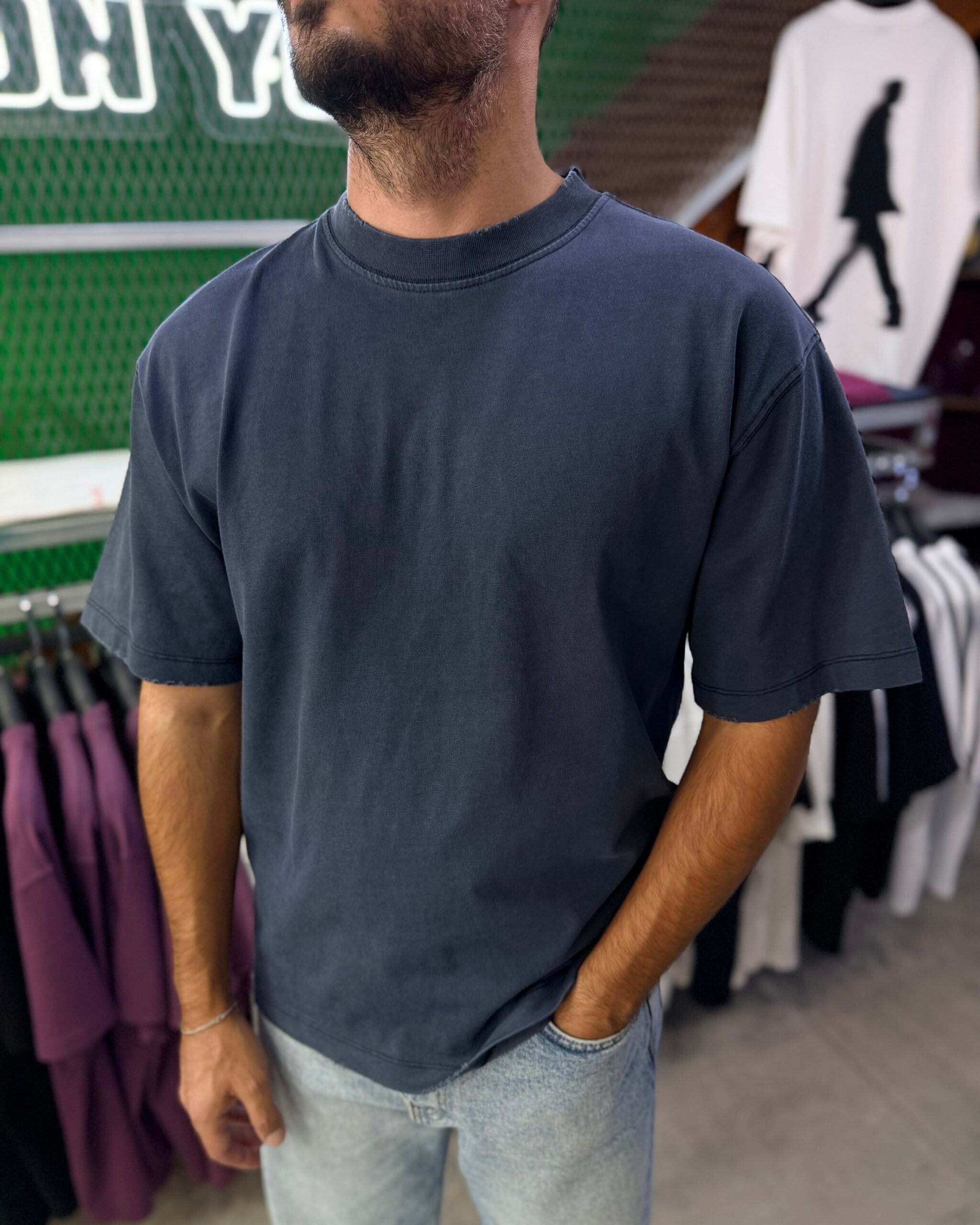 Destroy Yirtikli Basic Indigo Renk Tshirt