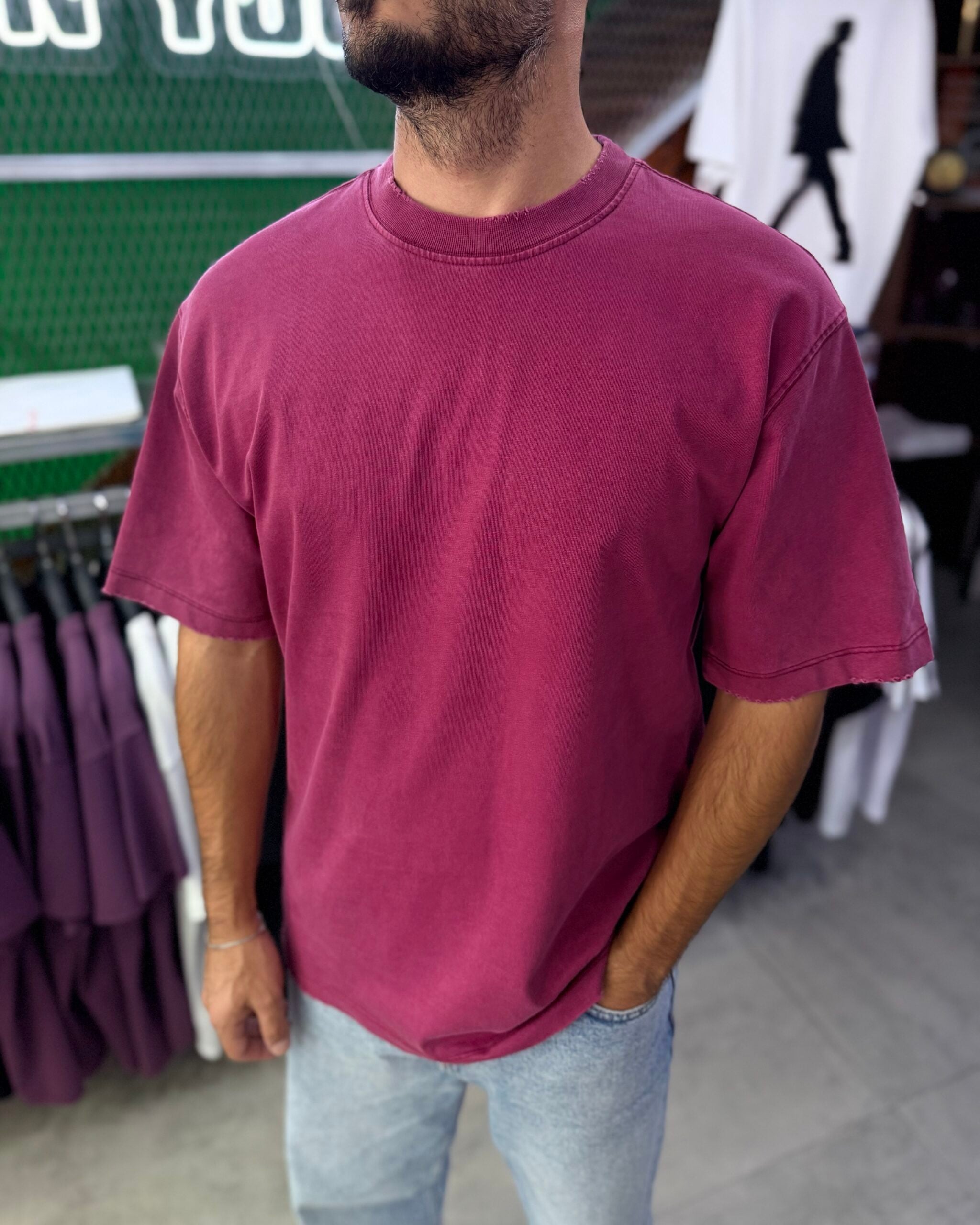 Destroy Yirtikli Basic Bordo Renk Tshirt