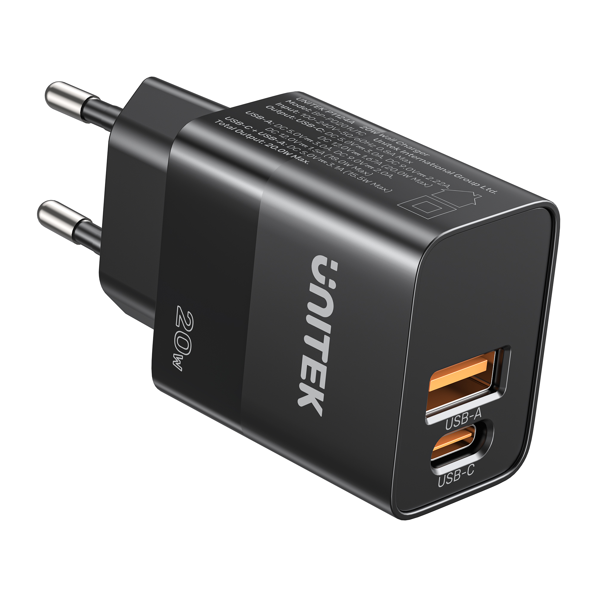 Unitek P1124ABK-EU 20W Hızlı Şarj Adaptörü 1x USB-C 1x USB-A PD Şarj Cihazı