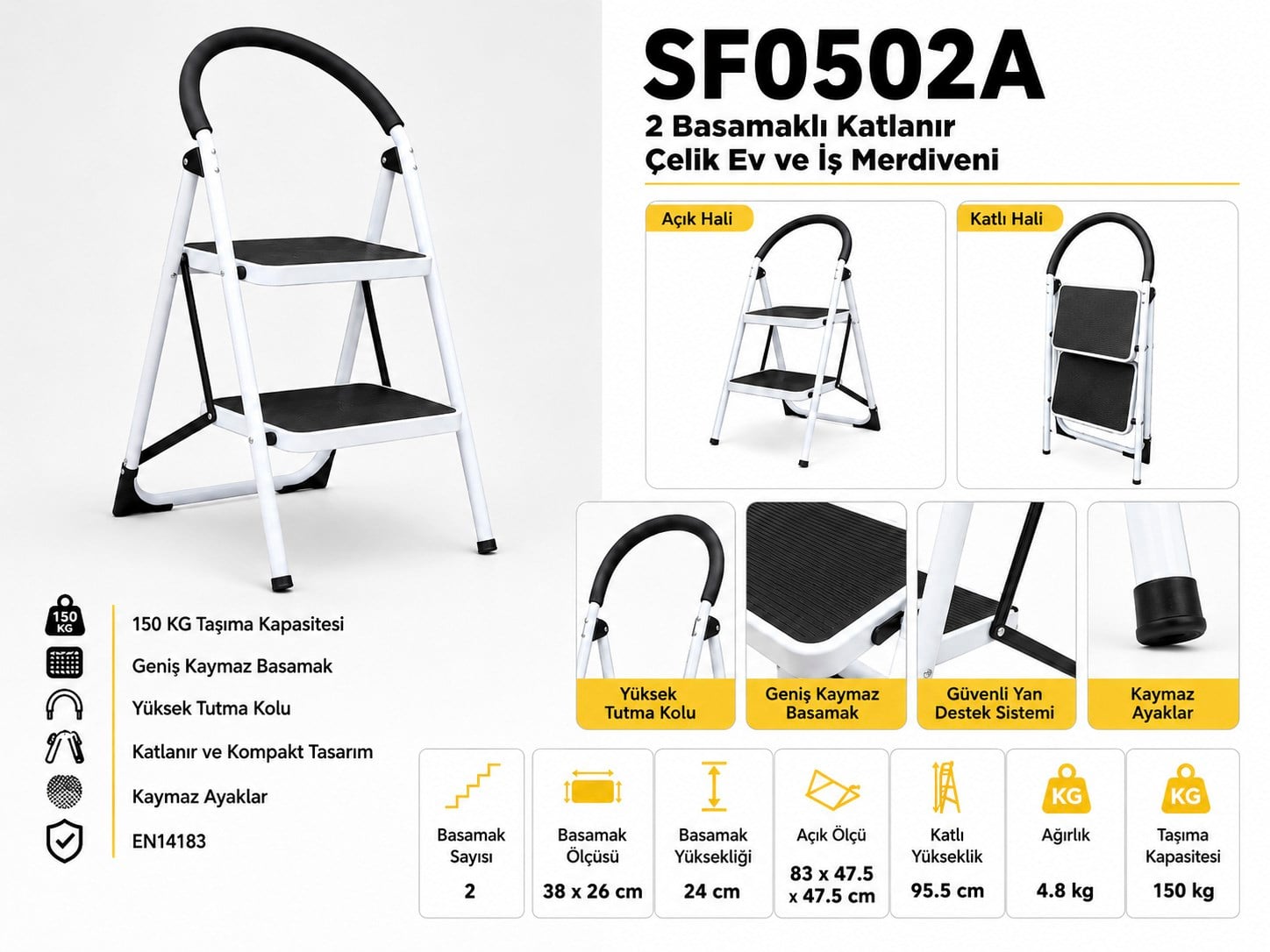 Merdiven 2 Basamaklı Katlanır Çelik Ev ve İş (83 cm)