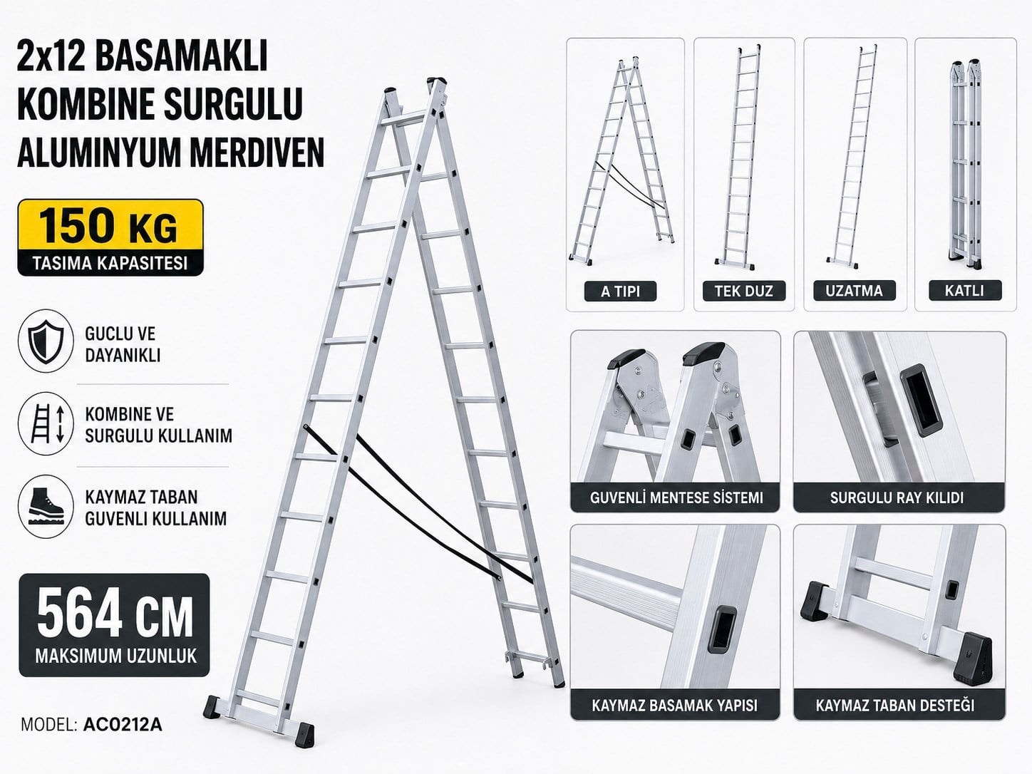Merdiven 2x12 Basamaklı Kombine Sürgülü Alümniyum (564 cm)