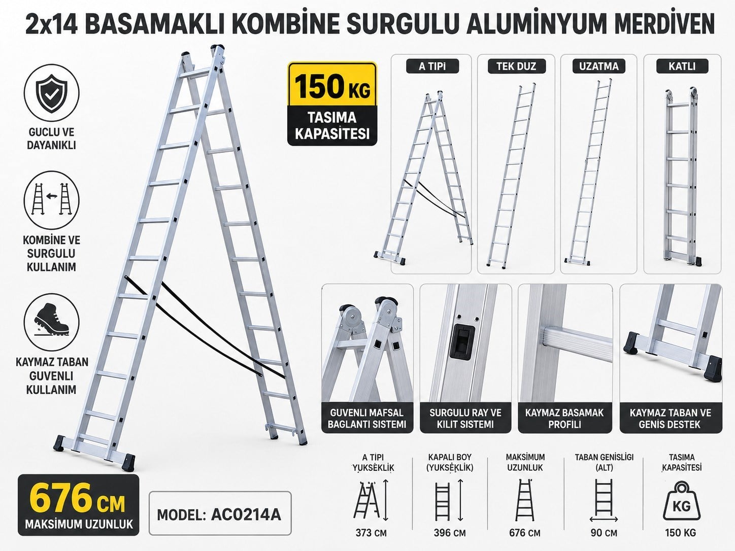 Merdiven 2x14 Basamaklı Kombine Sürgülü Alüminyum (676 cm)